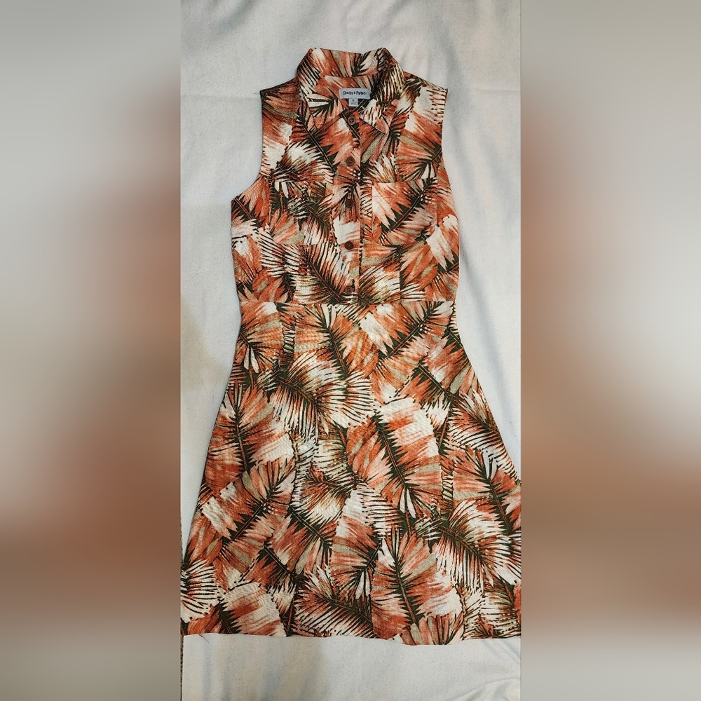Tropical Orange Palm Leaves Sleeveless Vacation Summer Dress